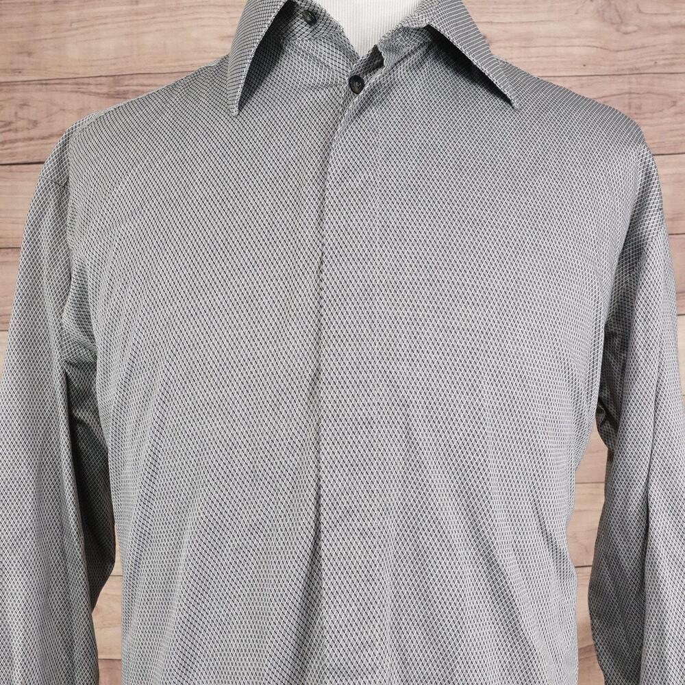 Claiborne Luxe Dress Shirt Mens 16.5 34/35 Gray Geometric Wrinkle Free‎ L/S